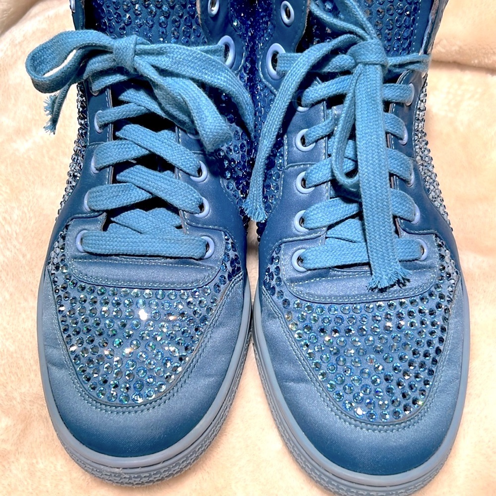 GUCCI 👟 RARE CODA BLUE SATIN LEATHER RHINESTONE CRYSTAL HIGH-TOP SNEAKERS 8.5 - Picture 5 of 15